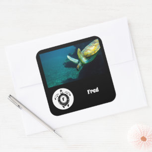 Sea Turtle Silhouette Monogram Name Tag Foto Quadratischer Aufkleber