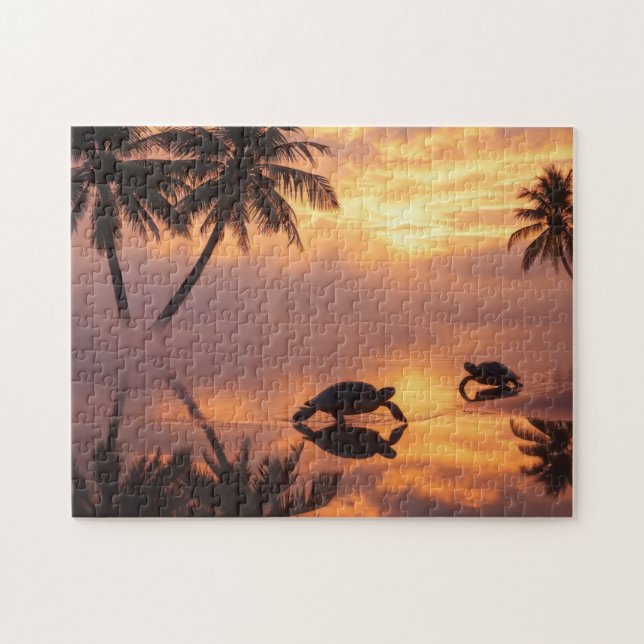 Sea turtle sunset at the beach puzzle (Horizontal)