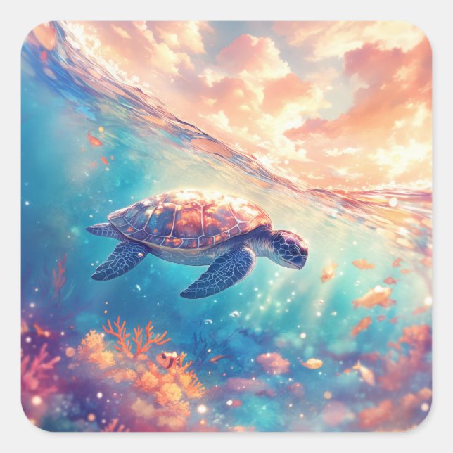 Sea Turtle Swimming in Tropical Ocean Quadratischer Aufkleber (Vorderseite)