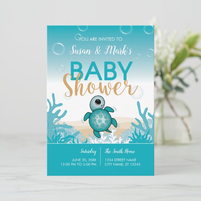 Sea Turtle Theme Kinderdusche Einladung (Stehend Vorderseite)