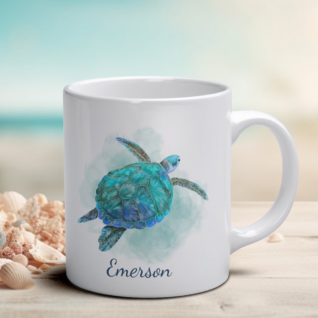 Sea Turtle Watercolor Aqua Personalisiert Kaffeetasse (Von Creator hochgeladen)