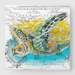 Sea Turtle Watercolor Vintage Map white Quadratische Wanduhr