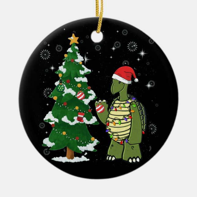 Sea Turtle Wearing Weihnachtsmannmütze Frohe Weihn Keramik Ornament (Vorne)