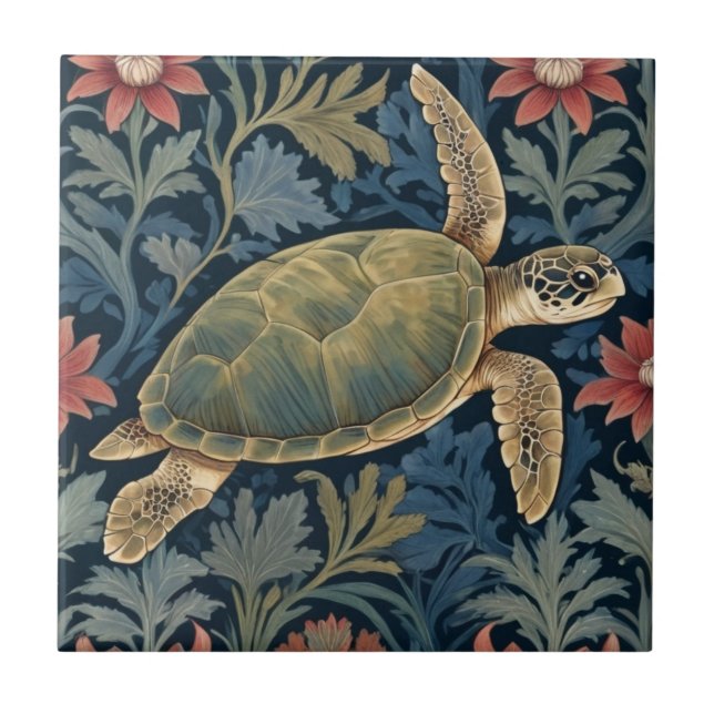 Sea Turtle William Morris Stil Hawaii Marine Life Fliese (Vorderseite)