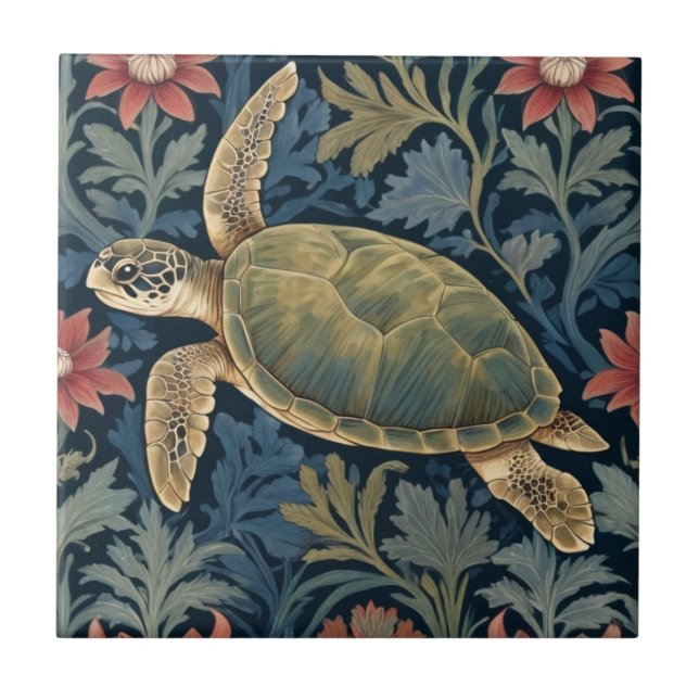 Sea Turtle William Morris Stil Hawaiian Tropical Fliese (Vorderseite)