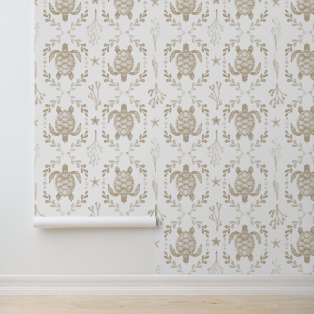 Sea Turtles and Starfish Coastal Beige Watercolor  Tapete (Anwendung)