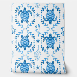 Sea Turtles and Starfish Coastal Blue Watercolor Tapete