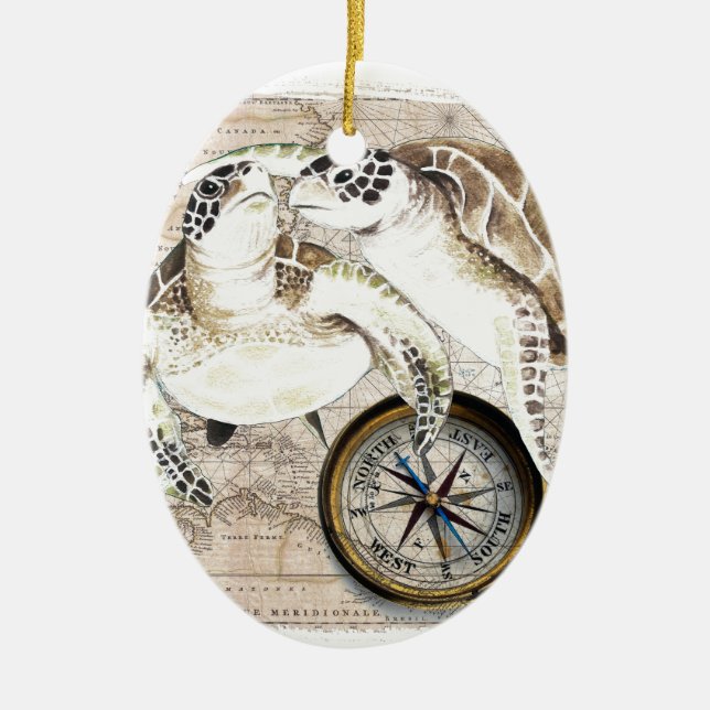 Sea Turtles Compass Map Keramikornament (Vorne)