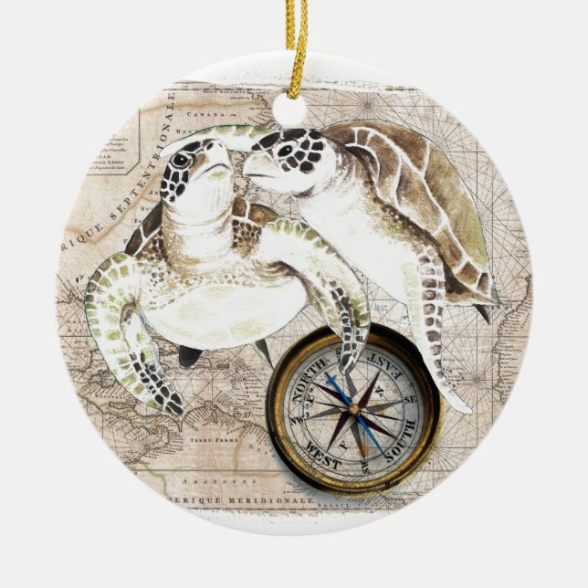 Sea Turtles Compass Map Keramikornament (Vorne)