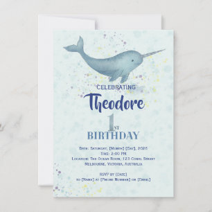Sea Unicorn Narwal Aquarell 1. Geburtstag Einladung