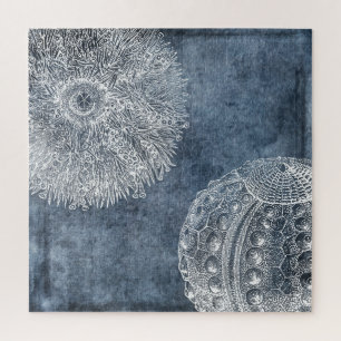 Sea Urchin Watercolor Ocean Navy Blue White Puzzle