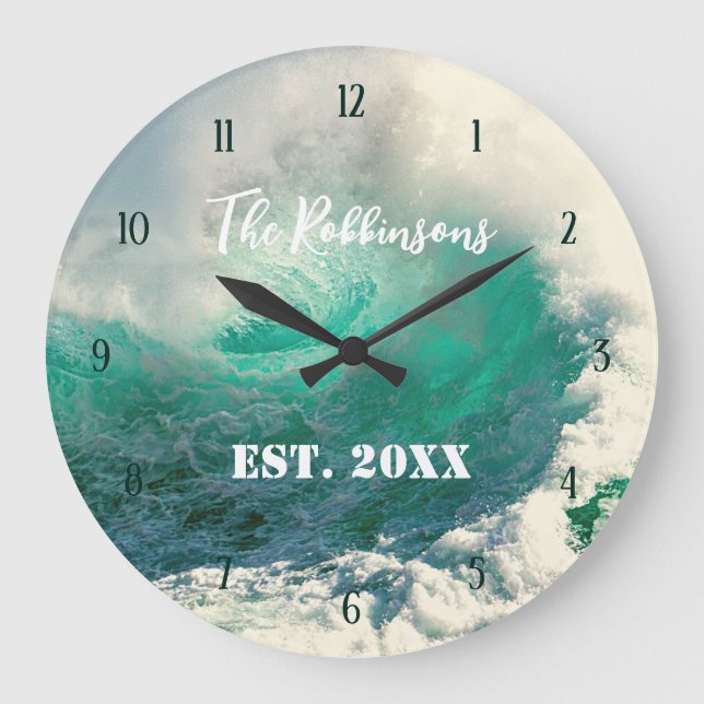 Sea wave personalized family name large clock große wanduhr (Vorderseite)