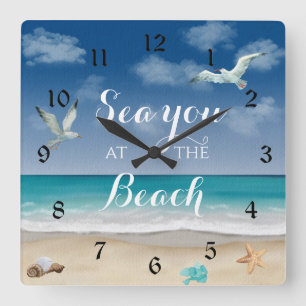 Sea You At The Beach Ocean Scene Large Clock Quadratische Wanduhr