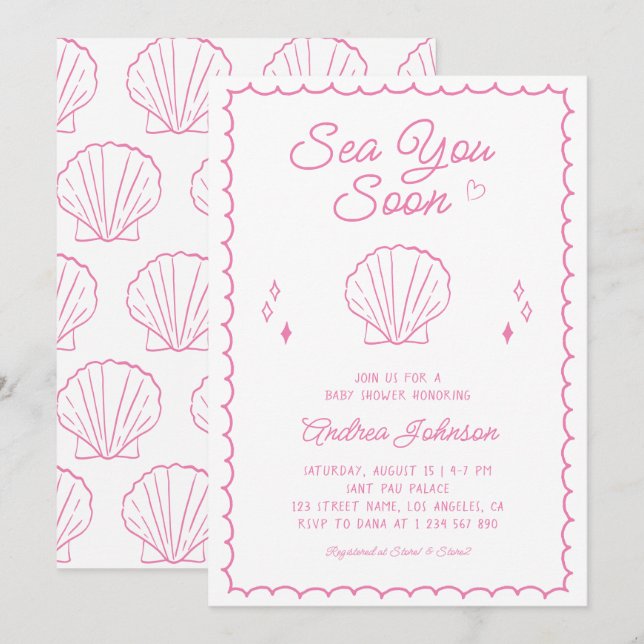 Sea You bald Hand Draw Ocean Seashell Baby Dusche Einladung (Vorne/Hinten)