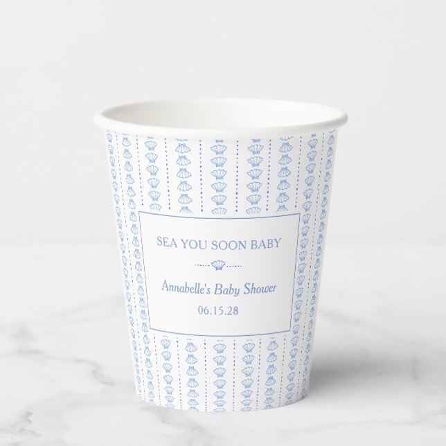 Sea You Soon Baby! Blue Coastal Beach Baby Shower Pappbecher (Vorderseite)