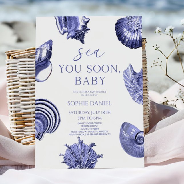 Sea You Soon, Baby Blue Seashells Baby Shower Einladung (Von Creator hochgeladen)