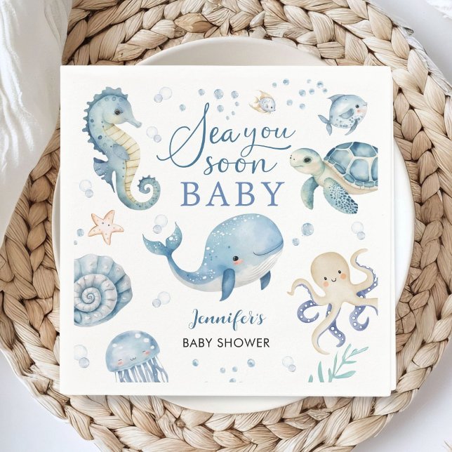 Sea You Soon Baby Shower Boy Blue Ocean Paper Serviette (Von Creator hochgeladen)