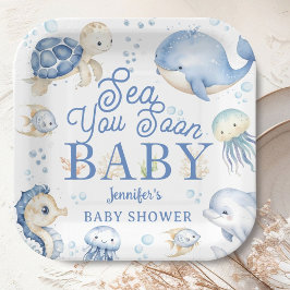 Sea You Soon Baby Shower Boy Blue Ocean Pappteller
