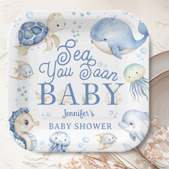 Sea You Soon Baby Shower Boy Blue Ocean Pappteller (Von Creator hochgeladen)