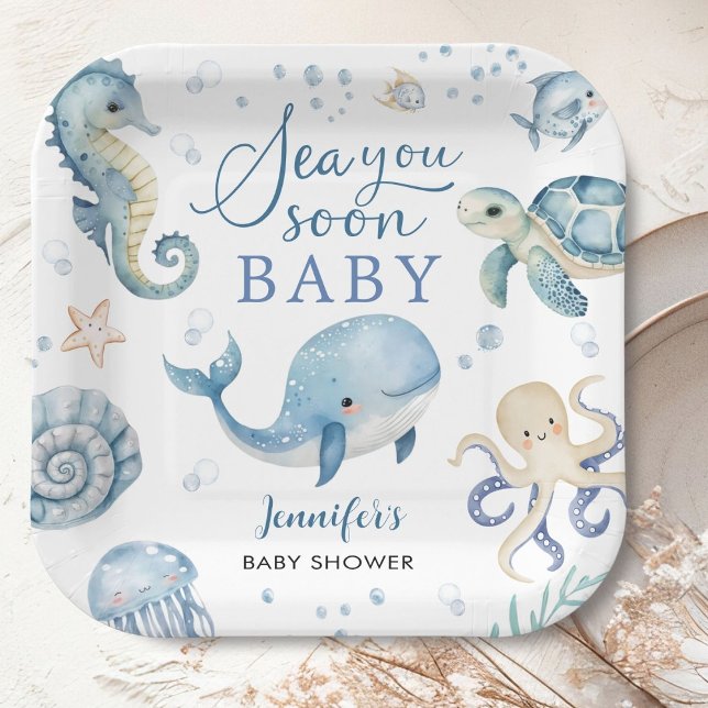 Sea You Soon Baby Shower Boy Blue Ocean Pappteller (Von Creator hochgeladen)