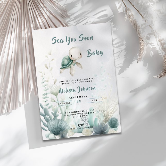 Sea You Soon Baby Shower Gender Neutral Invitation Einladung (Sea You Soon Undersea Turtle Baby Shower Invitation.)