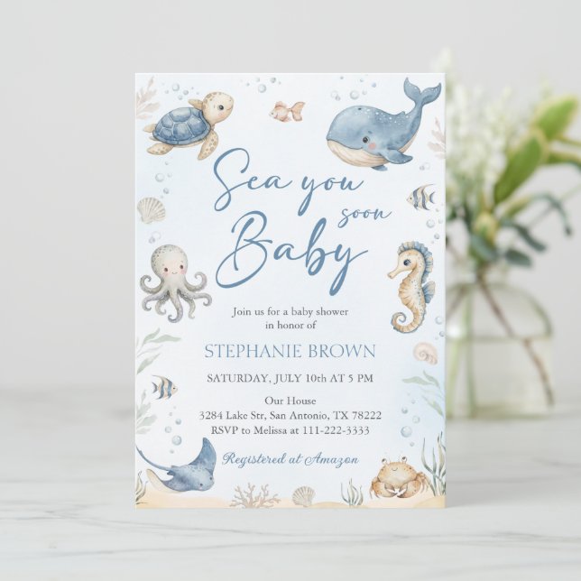 Sea You Soon Baby Shower Invitation Einladung (Stehend Vorderseite)