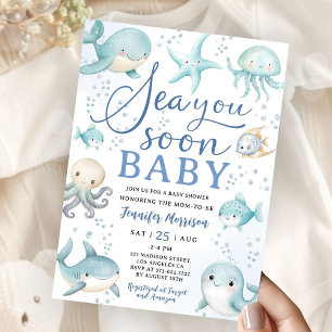 Sea You Soon Baby Shower Junge Dusty Blue Ozean Einladung