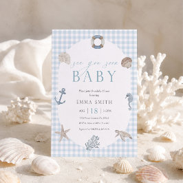 Sea You Soon Blau kariert Vornehm Jungen Baby Show Einladung