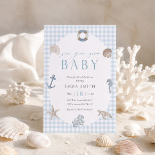 Sea You Soon Blau kariert Vornehm Jungen Baby Show Einladung