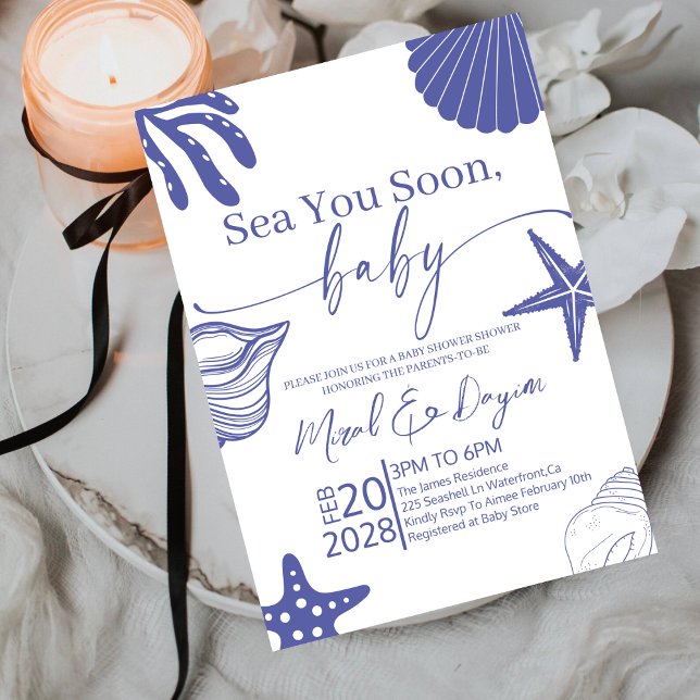 Sea You Soon Blue Scallop Shell Boy Baby Shower  Einladung (Von Creator hochgeladen)