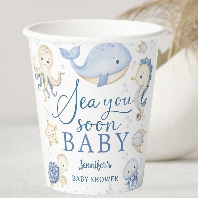Sea You Soon Boy Baby Shower Blue Ocean  Pappbecher (Von Creator hochgeladen)
