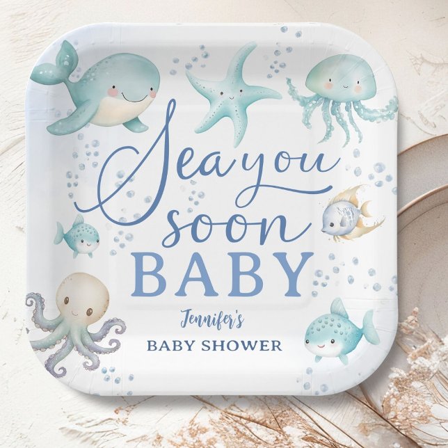 Sea You Soon Boy Blue Ocean Baby Shower Pappteller (Von Creator hochgeladen)