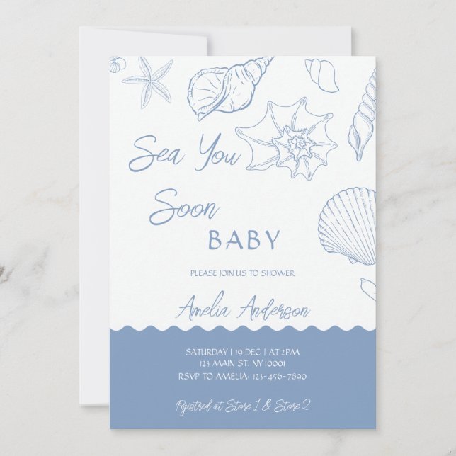 Sea You Soon Coastal Shells Blue Baby Shower Einladung (Vorderseite)