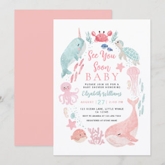 Sea You Soon Cute Ocean Animals Girl Baby Shower Einladung