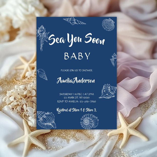 Sea You Soon Navy Seashell Nautical Baby Shower Einladung (Von Creator hochgeladen)