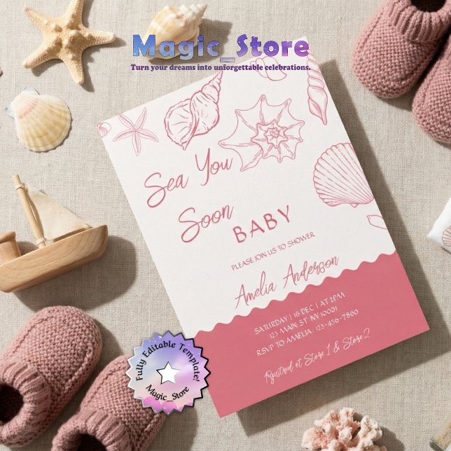 Sea You Soon Pink Seashells Coastal Baby Shower Einladung (Von Creator hochgeladen)