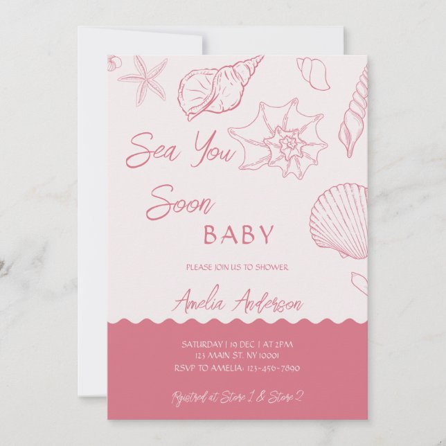 Sea You Soon Pink Seashells Coastal Baby Shower Einladung (Vorderseite)