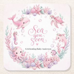 Sea You Soon Pink Under the Sea Baby Shower Person Rechteckiger Pappuntersetzer