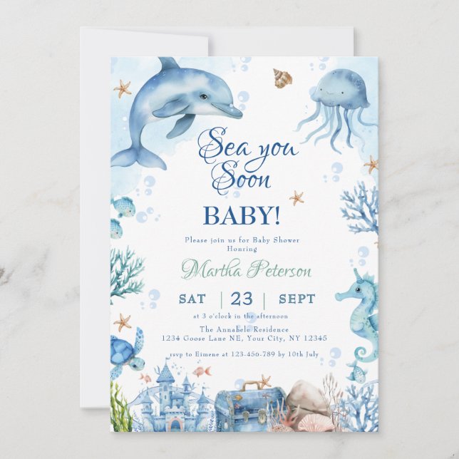 Sea You Soon Seashell Baby Shower Einladung (Vorderseite)
