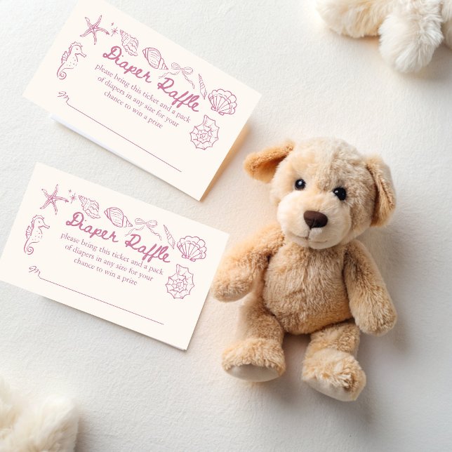 Sea you soon seashells baby shower diaper raffle begleitkarte (Sea you soon pink seashells baby shower diaper raffle cards hand drawn seashell raffle tickets)