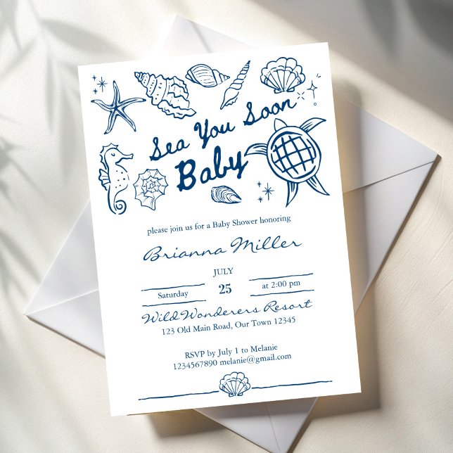 Sea you soon seashells beach boy baby shower einladung (Sea you soon seashells beach blue boy baby shower invitation cards template sea turtle hand drawn)