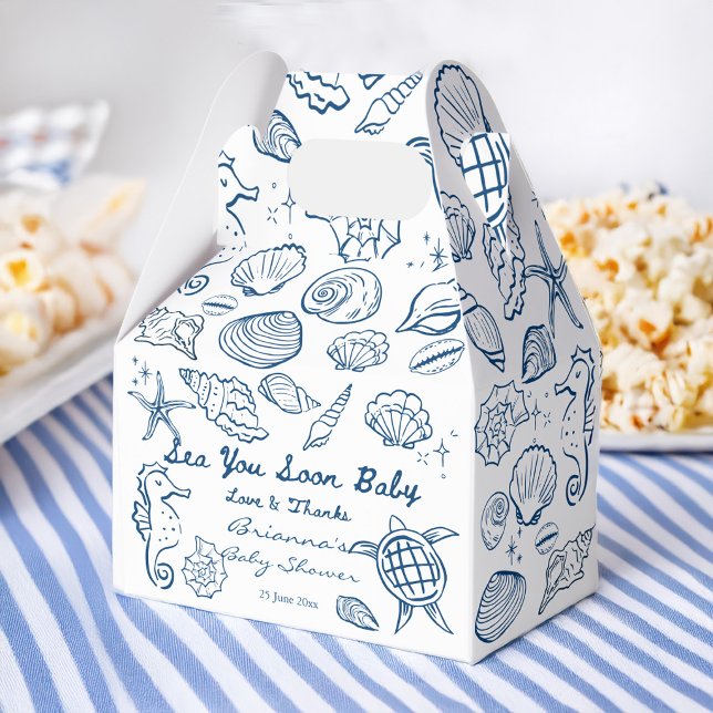 Sea you soon seashells beach boy baby shower geschenkschachtel (Sea you soon blue seashells beach boy baby shower favors personalized favor boxes)