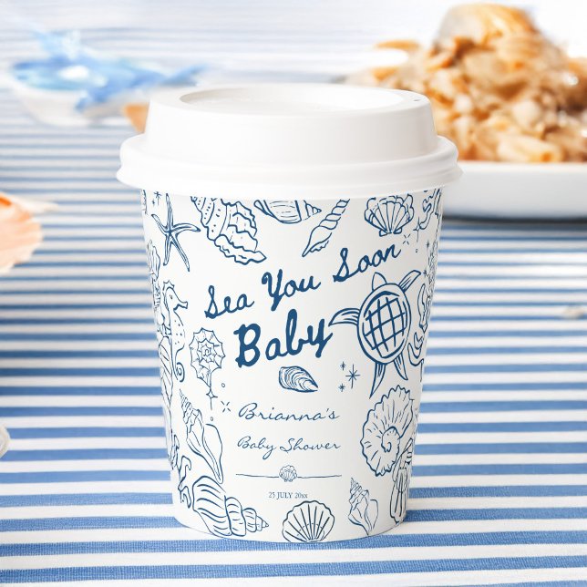 Sea you soon seashells beach boy baby shower pappbecher (Sea you soon seashells beach boy baby shower personalized paper cups hand drawn seashells coffee cup)