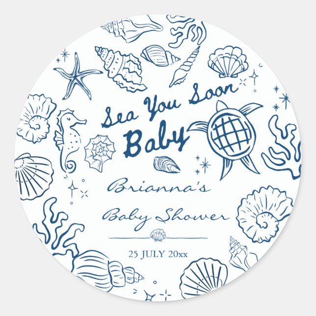 Sea you soon seashells beach boy baby shower runder aufkleber (Vorderseite)
