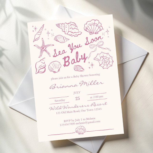 Sea you soon seashells beach girls baby shower einladung (Sea you soon pink seashells beach girls baby shower invitation cards template hand drawn seaside)