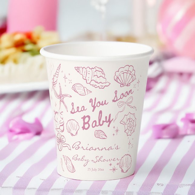 Sea you soon seashells beach girls baby shower pappbecher (Sea you soon pink seashells seaside beach girls baby shower personalized paper cups)