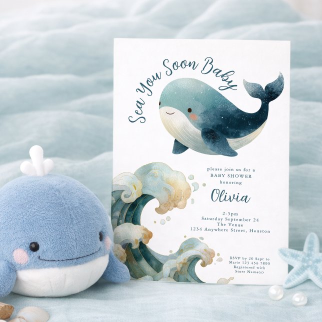 Sea You Soon Whale Ocean White Baby Shower Einladung (Von Creator hochgeladen)