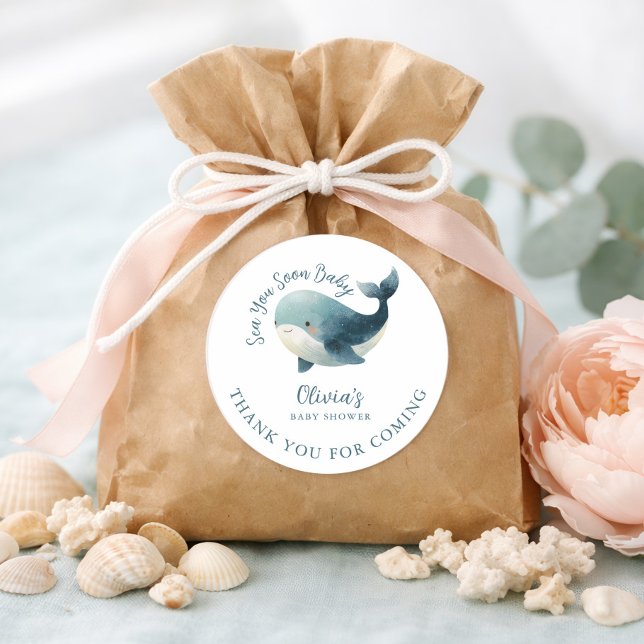 Sea You Soon Whale White Thank You Baby Shower Runder Aufkleber (Von Creator hochgeladen)