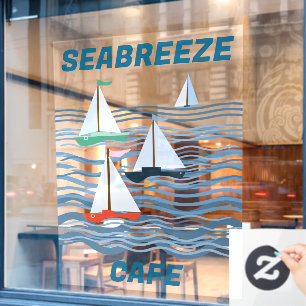 Seabreeze Cafe Segelboote und Wellen Fensteraufkleber