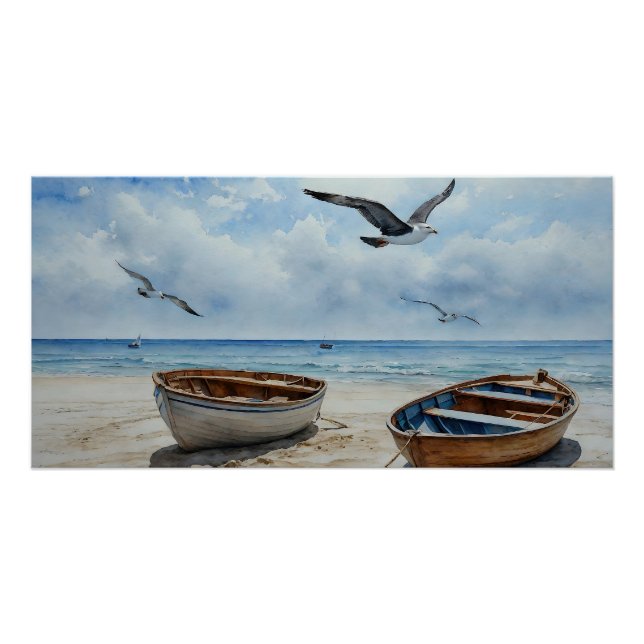 "Seabreeze Serenade" Farbenfrohe Bootszene Poster (Vorderseite)